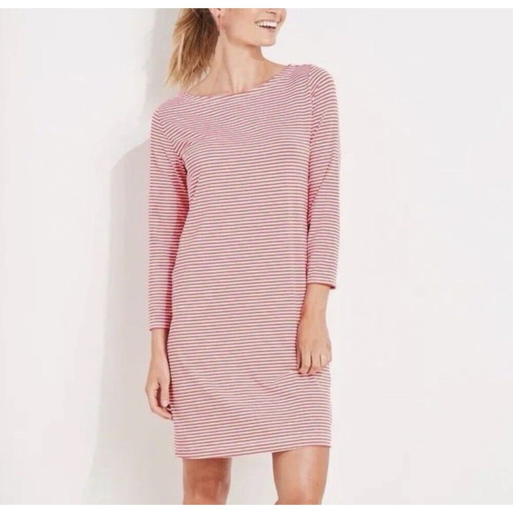 VINEYARD VINES Sankaty Boatneck Shift Dress Papaya Punch/White Stripe Size M
